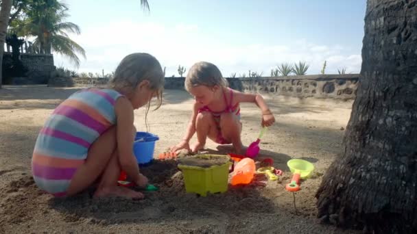 Två små flickor leka med sand och vatten — Stockvideo