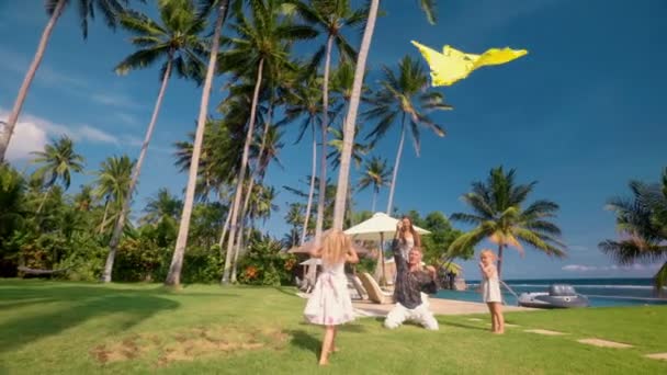 Familia feliz volando cometa al aire libre — Vídeo de stock