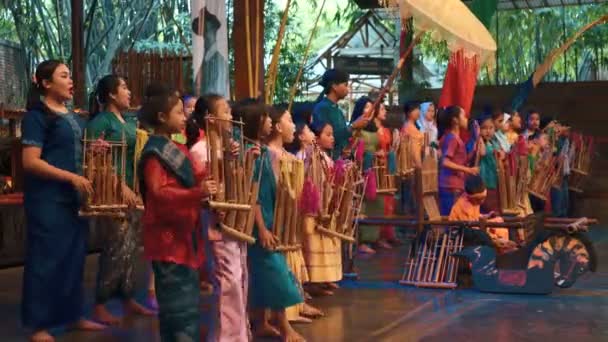 Flickor leker angklung under konsert show — Stockvideo
