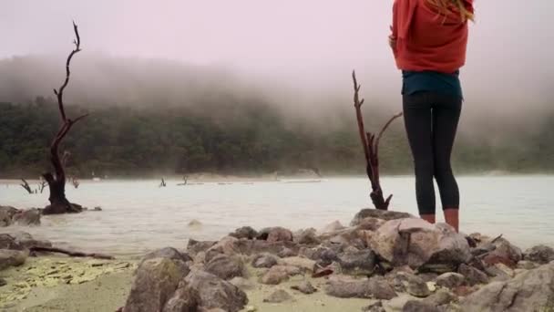 Woman standing near Kawah Putih — Stok video