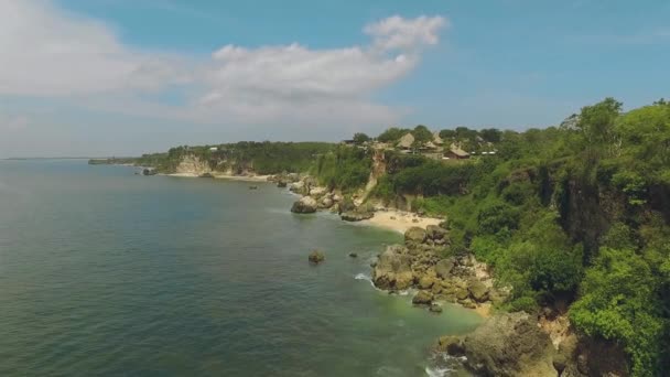 Çalılar tarafından kapsadığı Bali shore kayalıklarla havadan görünümü — Stok video