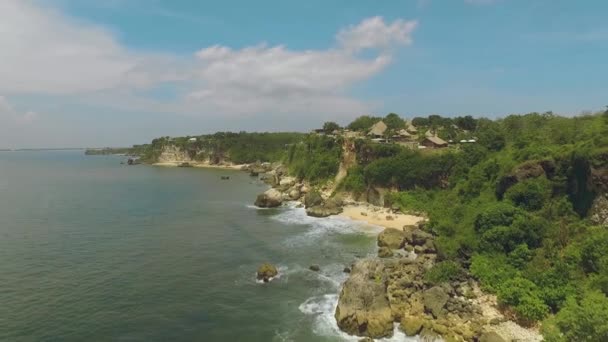 Vista aérea de los acantilados de la costa de Bali cubiertos por arbustos — Vídeos de Stock