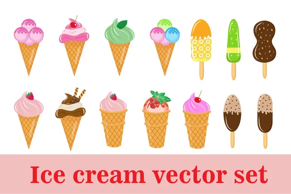 Ice-cream set, ice cream cone, in a cup, on a stick. Vector illustration — Stock Vector