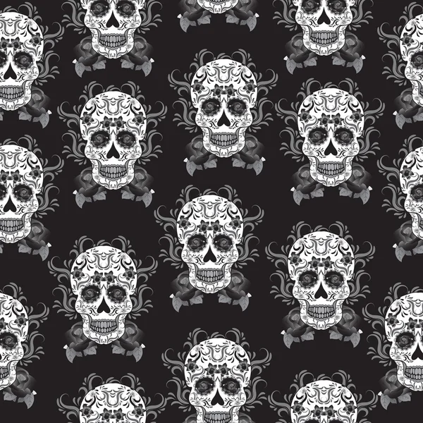 Dag van de viering van de dood, een festival in Mexico. Suiker schedel naadloze patroon, skeleton achtergrond, textuur, behang. Schedel rock achtergrond. — Stockfoto