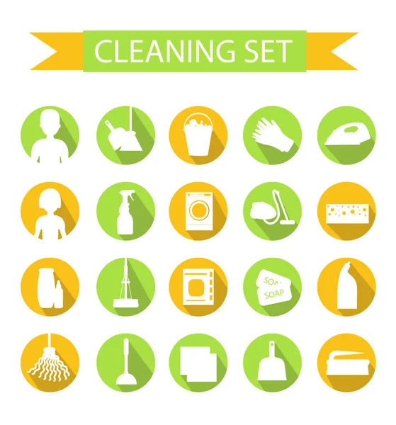 Zestaw ikon do czyszczenia narzędzi. Sprzątanie domu. Środki czystości. Styl płaski. Czyszczenie elementów projektu. Ilustracja wektora — Wektor stockowy
