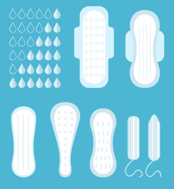 Adet, kadın hijyen seti. Kadın bağları, pantyliners, tampon. Kadın hijyen ürünleri. Kadın hijyen. Düz stil. Vektör çizim.