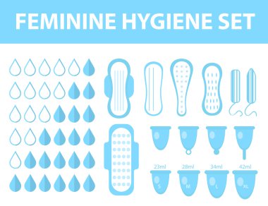 Hayız kadın hijyen ayarlayın. Yastıkları, pantyliners, tampon, adet cup. Kadın hijyen ürünleri. Kadın hijyen. Düz stil. Vektör çizim.