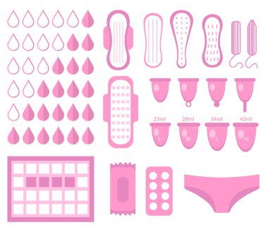 Big set for menstruation, feminine hygiene set. Pads, pantyliners, tampons, menstrual cup. Female hygiene products. Women's hygiene. Flat style clipart