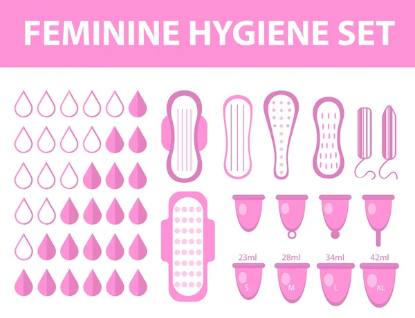 Sada Dámské hygienické menstruace. Podložky, pantyliners, tampóny, menstruační kalíšek. Výrobky ženské hygieny. Dámská hygiena. Plochý. Vektorové ilustrace. — Stockový vektor