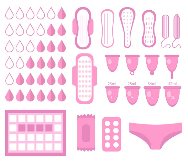 Büyük grubu âdet, kadın hijyen için ayarlayın. Yastıkları, pantyliners, tampon, adet cup. Kadın hijyen ürünleri. Kadın hijyen. Düz stil