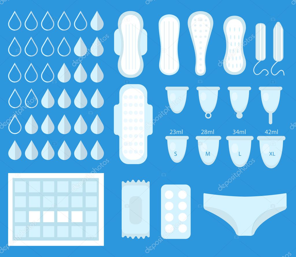 Big set for menstruation, feminine hygiene set. Pads, pantyliners, tampons, menstrual cup. Female hygiene products. Women's hygiene. Flat style. Vector illustration.