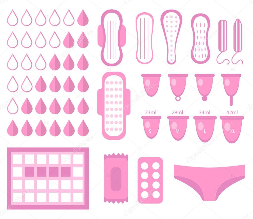 Big set for menstruation, feminine hygiene set. Pads, pantyliners, tampons, menstrual cup. Female hygiene products. Women's hygiene. Flat style