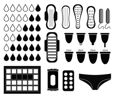 Big set for menstruation, feminine hygiene set. Pads, pantyliners, tampons, menstrual cup. Female hygiene products. Women's hygiene. Silhouette icon. Vector illustration. clipart