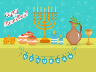 Tebrik kartı, davet, poster Hanuka Bayramınız kutlu olsun. Hanuka Yahudi Festival ışıkların. Hanukkah Menorah, Sufganiyot, zeytin ve topaç ile tebrik kartı. Vektör çizim