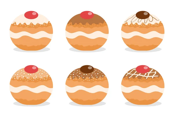 Sufganiyot díszlet. Zsidó fánk készlet. Zsidó hagyományos desszert a hanuka ünnepén. Vektorillusztráció — Stock Vector