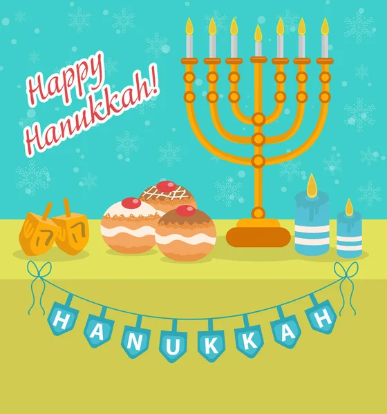 Χαρούμενο Χανουκά ευχετήρια κάρτα, πρόσκληση, αφίσα. Hanukkah εβραϊκή γιορτή γεμάτη φώτα, γιορτή αφοσίωσή του. Ευχετήρια κάρτα Χανουκά με ντρέιντελ Menorah, Sufganiyot. Εικονογράφηση διάνυσμα — Διανυσματικό Αρχείο