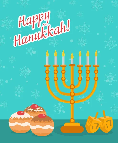 Happy Hanukkah hälsning kort, inbjudan, affisch. Hanukkah judisk Festival of Lights, Feast of engagemang. Hanukkah gratulationskort med Menorah, Sufganiyot, Dreidel. Vektorillustration — Stock vektor