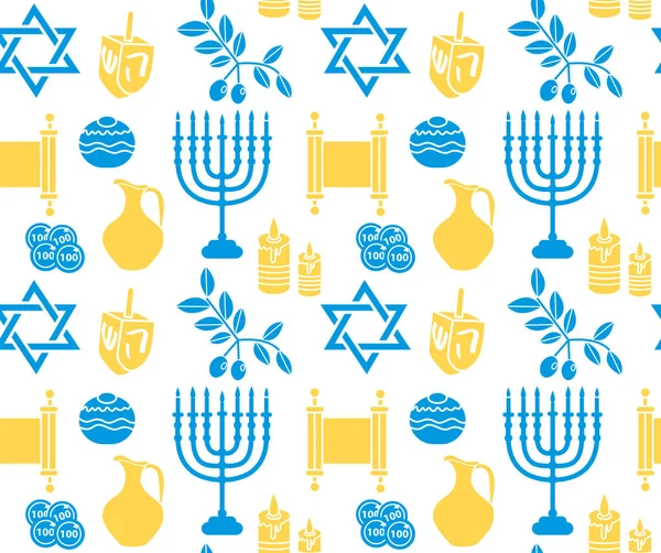 Symbole Hanoukka motif sans couture. Hanoukka fond avec Menorah, Torah, Soufganiyot, Oliviers et Dreidel. Joyeuse Hanoukka Festival des Lumières, Fête de la Dédicace texture transparente. Illustration vectorielle — Image vectorielle