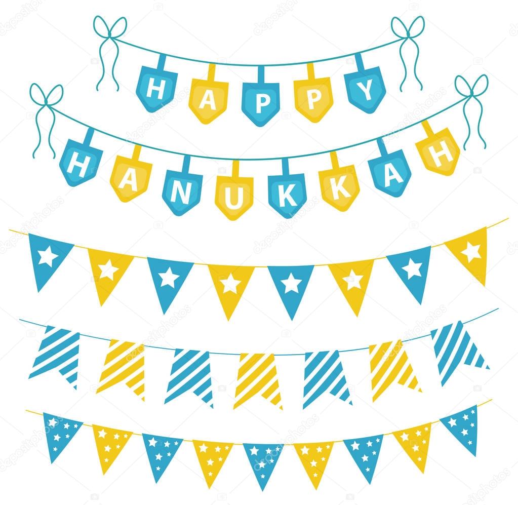 Hanukkah set garlands, ribbons. Hanukkah set for a party. Hanukkah Jewish festival of decorative elements. Hanukkah garland flat style. Vector illustration