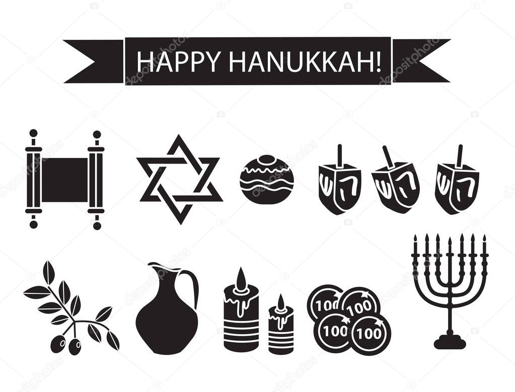 Hanukkah set black silhouette icons. Chanukah outline, silhouette Icons with Menorah, Torah, Sufganiyot, Olives and Dreidel. Happy Hanukkah Festival of Lights, symbol. Vector illyustration