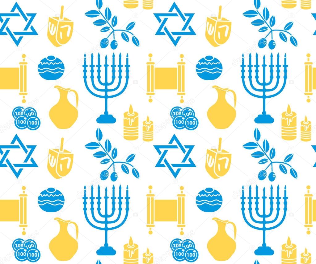 Hanukkah symbol seamless pattern. Hanukkah background with Menorah, Torah, Sufganiyot, Olives and Dreidel. Happy Hanukkah Festival of Lights, Feast of Dedication seamless texture. Vector illustration