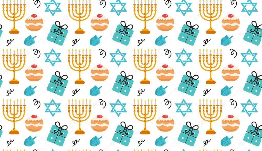 Hanukkah seamless pattern. Hanukkah background with Menorah, Sufganiyot, Dreidel. Happy Hanukkah Festival of Lights, Feast of Dedication seamless texture. Vector illustration