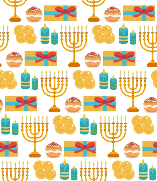 Padrão sem costura Hanukkah. Hanukkah fundo com Menorah, Sufganiyot, velas, moedas, presente. Happy Hanukkah Festival of Lights, Festa da Dedicação textura sem costura. Ilustração vetorial — Vetor de Stock
