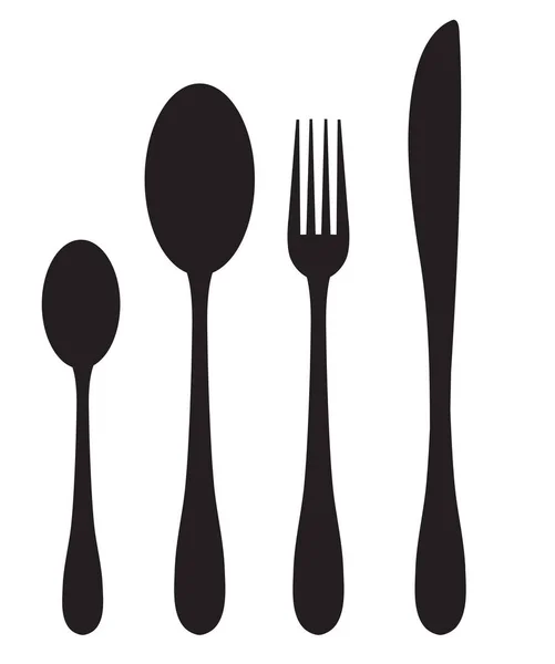 Conjunto de cena iconos de silueta. Cuchara, tenedor, silueta de cuchillo sobre un fondo blanco. Ilustración vectorial — Archivo Imágenes Vectoriales