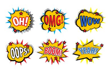 Komik çıkartmalar, retro tarzı ayarlayın. Set komik etiketleri simgeleri izole beyaz arka plan üzerinde. Pop art çıkartma, çizgi roman tarzı tasarım öğesi ayarlayın. Vektör çizim