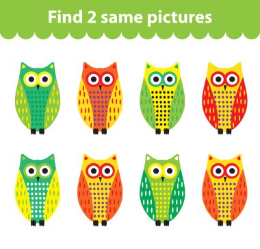 Çocuk eğitim oyunu. İki aynı resimleri bulun. Oyun için komik baykuşlar iki aynı resim bulabilmek. Vektör çizim.