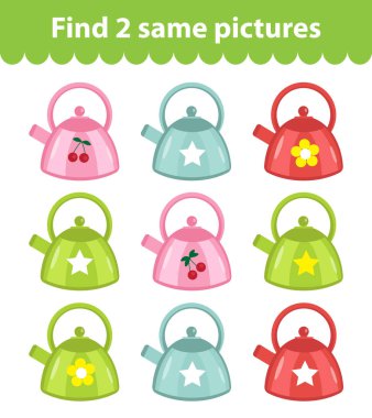 Çocuk eğitim oyunu. İki aynı resimleri bulun. Su ısıtıcı, bir dizi oyun için iki aynı resimleri bulun. Vektör çizim.