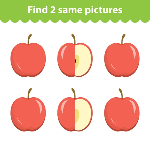 孩子们的教育游戏。找到两个相同的图片。苹果，游戏集找到两个相同的图片。矢量图. — 图库矢量图片