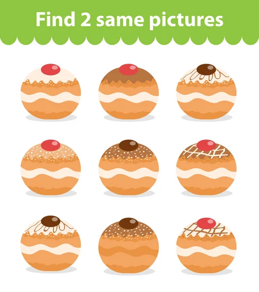 Educatief spel van de kinderen. Zoek twee dezelfde afbeeldingen. Set van donuts, voor het spel vinden twee dezelfde afbeeldingen. Vectorillustratie. — Stockvector