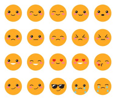 Set yellow emotions face. Set Japanese smiles. Round, yellow Kawaii face on a white background. Cute Collection emotions anime style. Vector illustration clipart