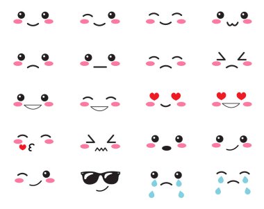 Japonca duyguları ayarlamak. Japon gülümsüyor ayarlayın. Beyaz bir arka plan üzerinde Kawaii yüz. Şirin koleksiyonu duygular anime tarzında. Anime Smiles seti