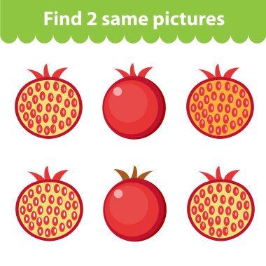Çocuk eğitim oyunu. İki aynı resimleri bulun. Nar, oyunun iki aynı resim bulabilmek. Vektör çizim.