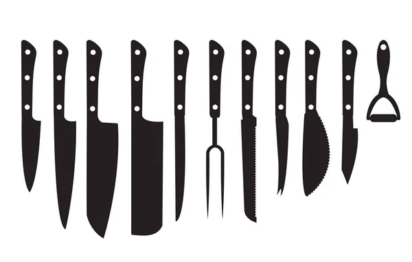 Knife Set black silhouette. Set of different knifes black silhouette icons isolated on white background. Set blade icon design element. Vector illustration; — Stock Vector