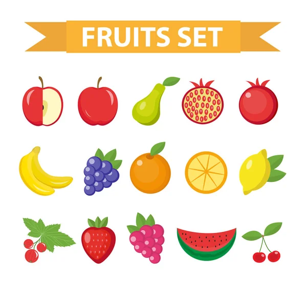 Conjunto de iconos de frutas y bayas. Conjunto de iconos de frutas, aislados sobre fondo blanco. Manzana, naranja, pera, fresa, uva, sandía, limón, granada, mora, grosellas, cereza. Ilustración vectorial . — Vector de stock