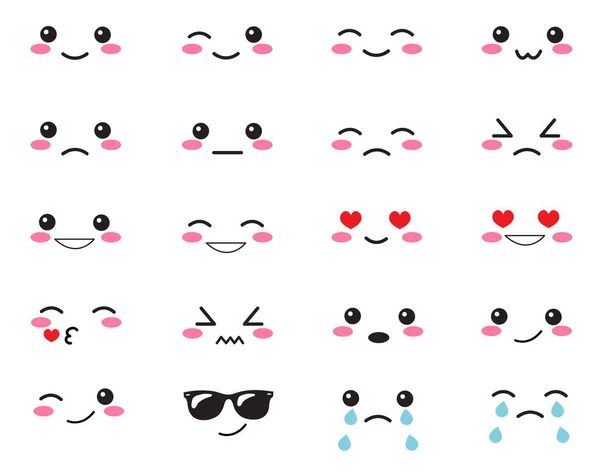 I giapponesi provano emozioni. Set sorrisi giapponesi. Faccia Kawaii su sfondo bianco. Carino Collezione emozioni stile anime. Anime Sorrisi impostati — Vettoriale Stock
