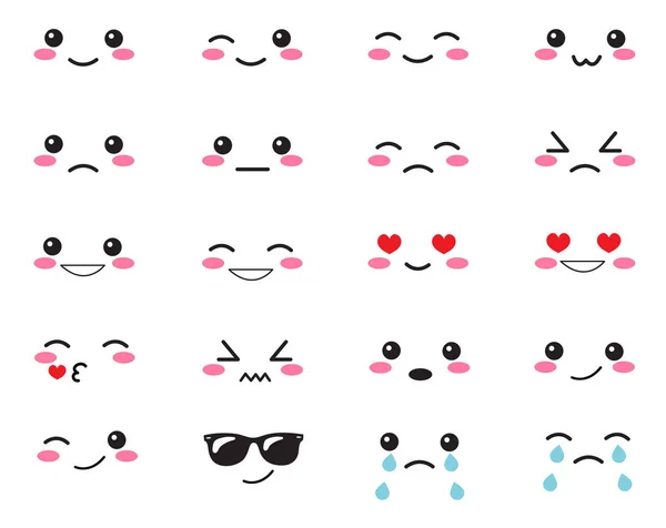 Japonca duyguları ayarlamak. Japon gülümsüyor ayarlayın. Beyaz bir arka plan üzerinde Kawaii yüz. Şirin koleksiyonu duygular anime tarzında. Anime Smiles seti