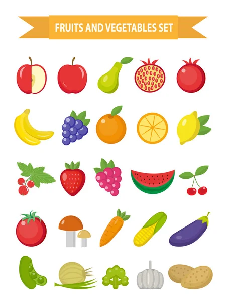 Groenten en fruit pictogrammenset, vlakke stijl. Fruit, bessen en fruit ingesteld geïsoleerd op een witte achtergrond. Groenten en fruit. Vegetarische maaltijden. Vectorillustratie — Stockvector