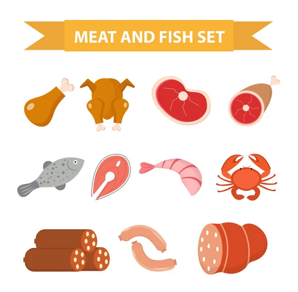 Set de pictograme din carne și fructe de mare, stil plat. Carnea și peștele sunt izolate pe un fundal alb. Carne şi cârnaţi, alimente proteice. Ilustrație vectorială — Vector de stoc