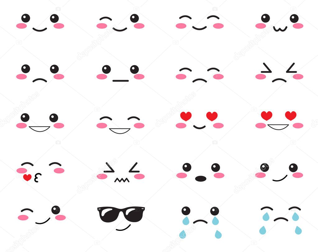 Japanese set emotions. Set Japanese smiles. Kawaii face on a white ...