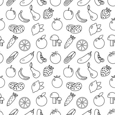 Meyve ve sebze stil seamless modeli satır. Meyve ve sebze doodle seamless modeli. Meyve ve sebze arka plan anahat. Vejetaryen yiyecekler doku.