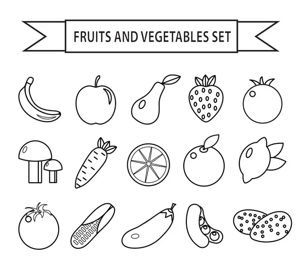Frukt och grönsaker ikon set, linjestil. Frukt och grönsaker uppsättning isolerad på en vit bakgrund. Frukter och grönsaker disposition. Vegetarisk mat. Vektorillustration — Stock vektor