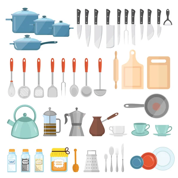 Набор посуды, плоский стиль. Кухонные принадлежности набор высокой изолированной на белом фоне. Кухонные инструменты и кухонное оборудование. Кухонные принадлежности, посуда, столовые приборы. Векторная иллюстрация ; — стоковый вектор