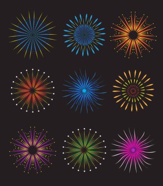 Havai fişek Icons set. siyah arka plan üzerine vektör. Tatil ve parti havai fişek koleksiyonu. illüstrasyon