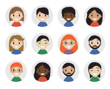 Simgeler Interracial insanlar, düz stil. Uluslararası, avatar. Farklı simge. Vektör çizim