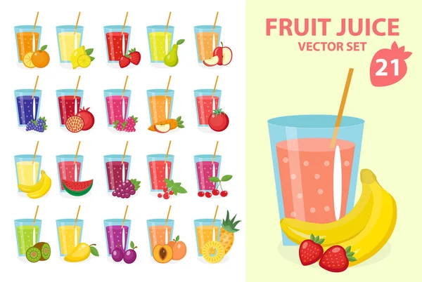 Jugo de fruta en vidrio, set de ilustración vectorial. Icono de zumos frescos. Bebidas, aisladas sobre un fondo blanco. Plantilla para cocinar, menú de restaurante y comida vegetariana . — Vector de stock