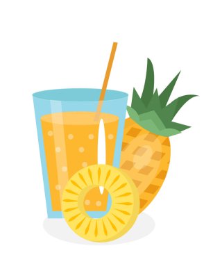 Bardakta ananas suyu. Beyaz arka plan üzerinde izole taze. meyve ve kutsal kişilerin resmi. içki, Komposto. kokteyl güler yüzlü. Vektör çizim